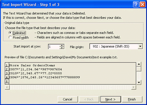Text import wizard box # 1, showing selection of delimiters rather than fixed width.