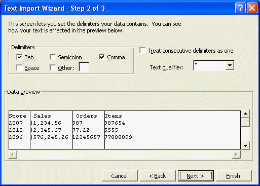 Text Import Wizard step 2 dialogue box, showing selection of tabs and commas as the delimiter.
